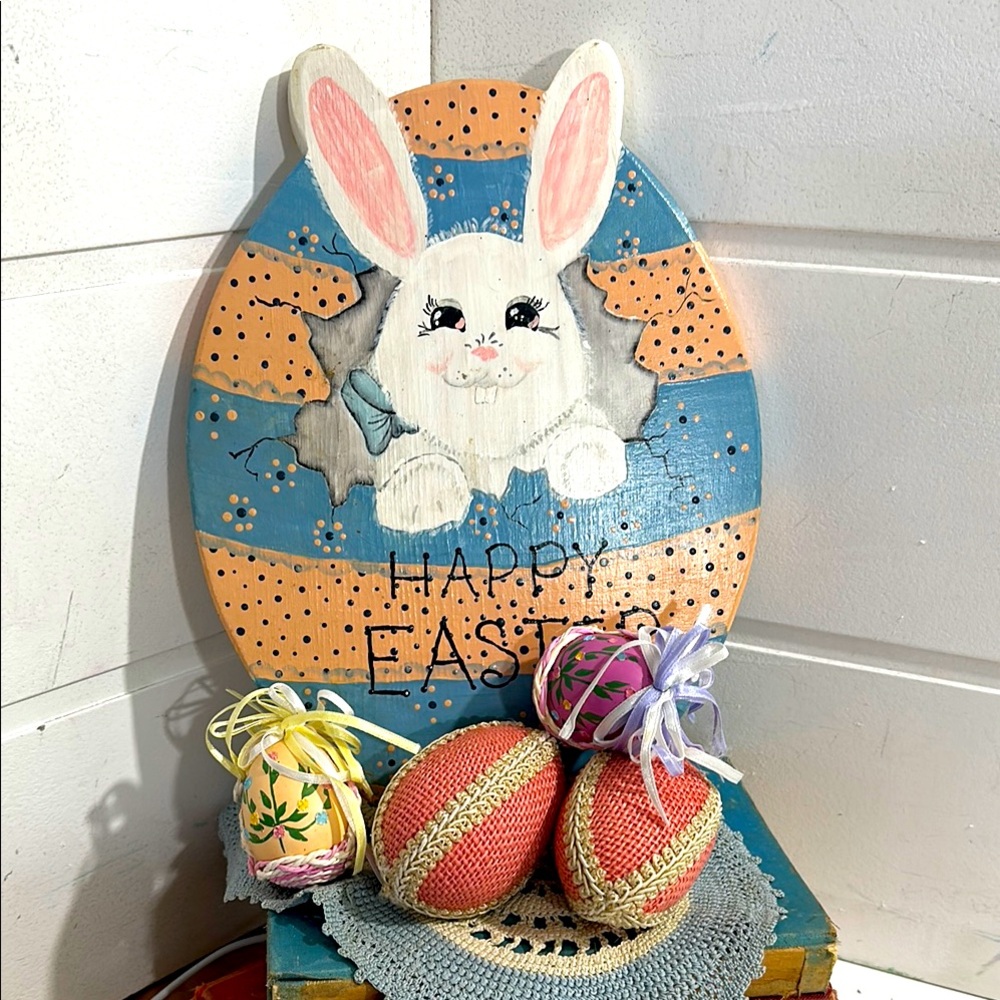 Vintage wooden Easter Bunny Wall Decor with Painted Eggs